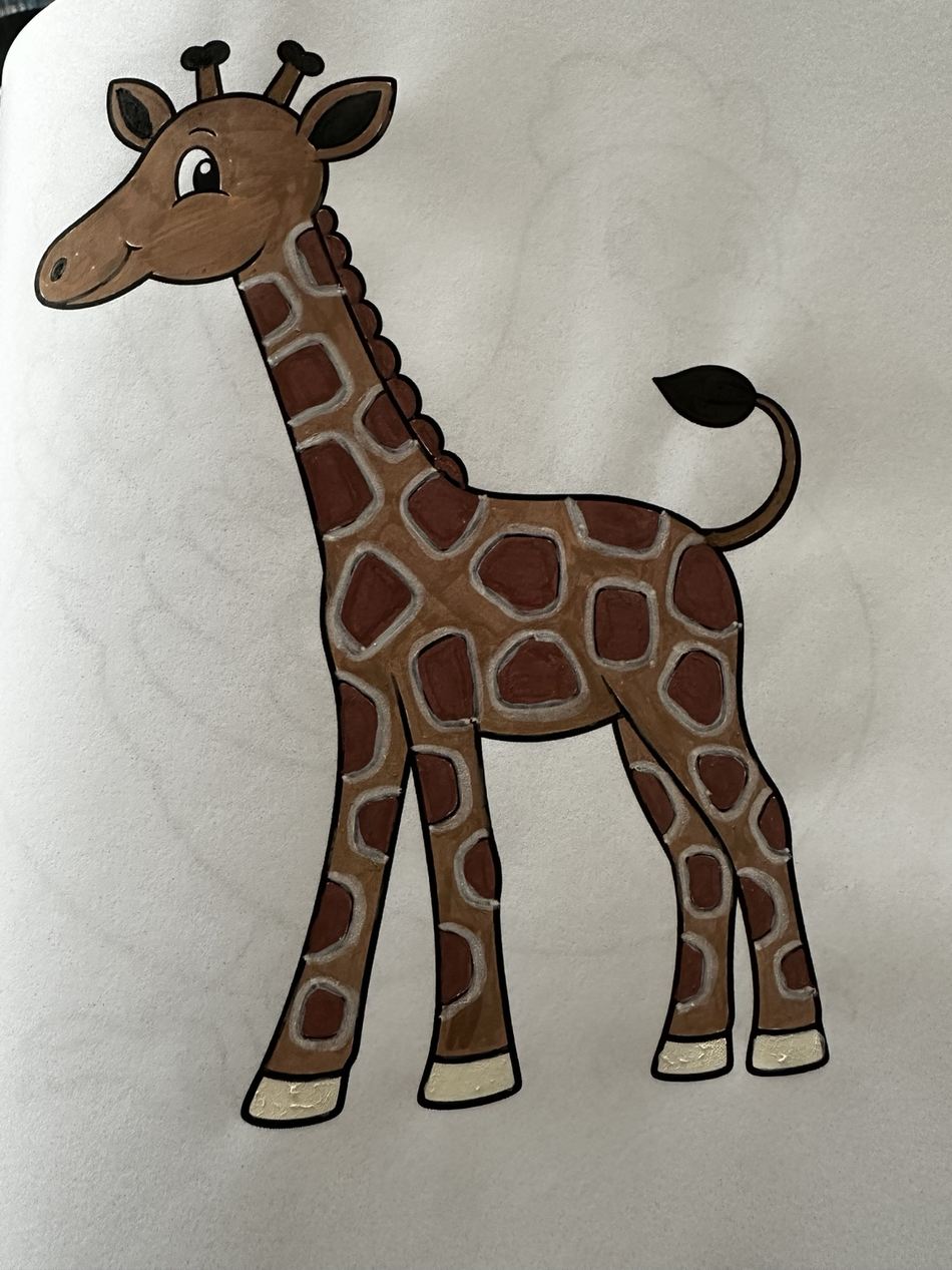 A giraffe coloring-book illustration hand colored in browns with pale outlines around its spots