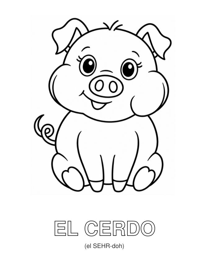 Spanish el cerdo coloring page with pronunciation